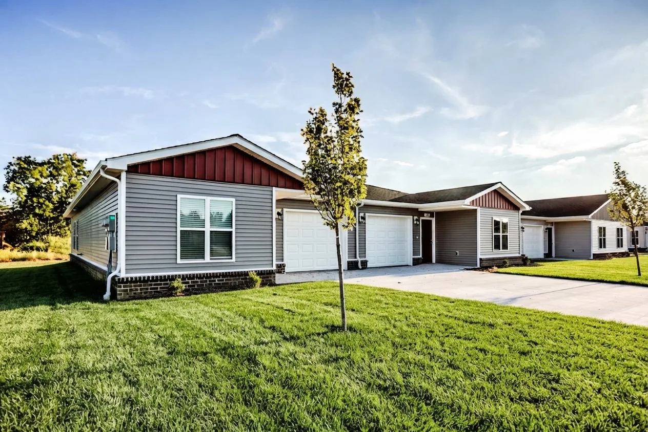 Orchard Estates in Dale, Indiana: completed single-level duplex homes with gray siding, red gables, attached garages and grass lawns.
